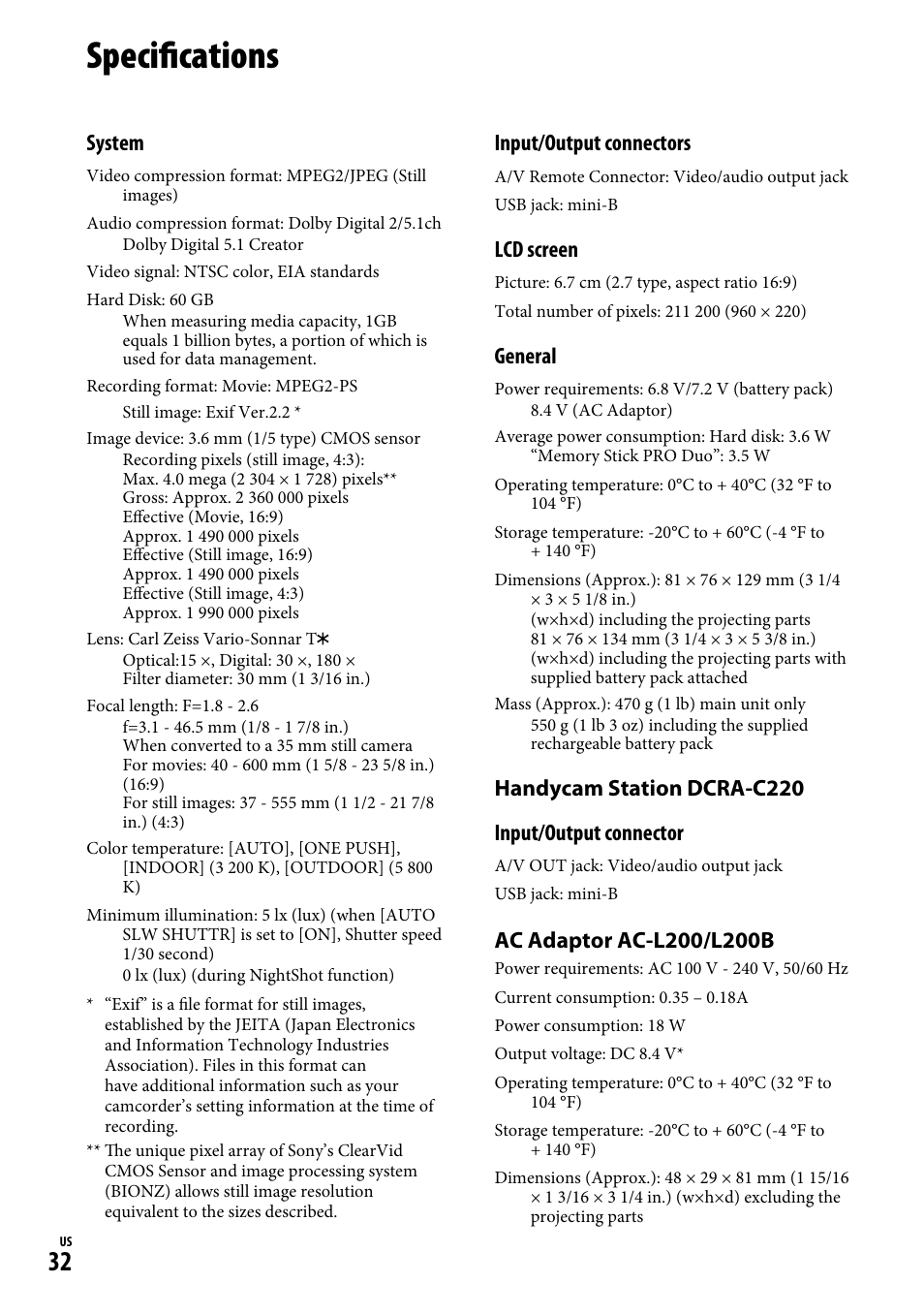 Specifications, System, Input/output connectors | Lcd screen, General, Handycam station dcra-c220 input/output connector | Sony DCR-SR220D User Manual | Page 32 / 64