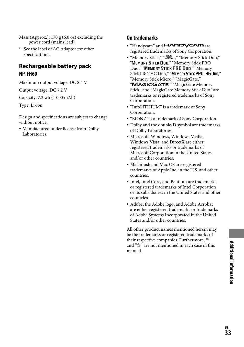 Rechargeable battery pack np-fh0, On trademarks, Additional information | Sony DCR-SR220D User Manual | Page 33 / 64