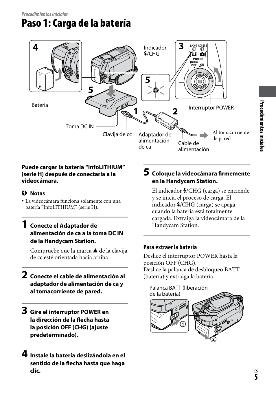 Procedimientos iniciales, Paso 1: carga de la batería | Sony DCR-SR220D User Manual | Page 37 / 64