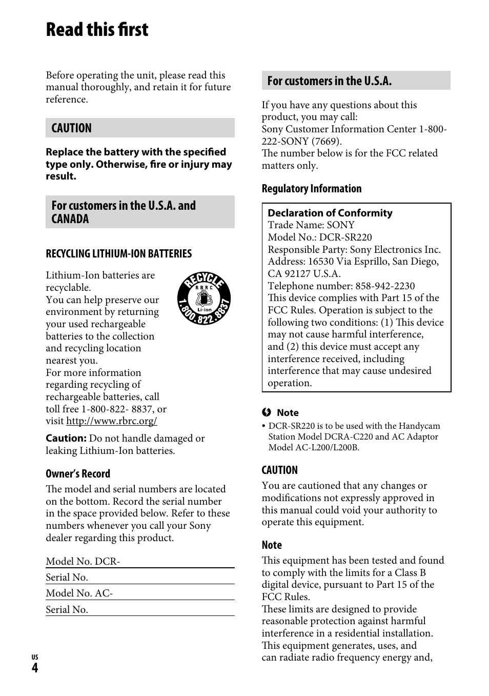 Read this first, Caution, For customers in the u.s.a. and canada | For customers in the u.s.a | Sony DCR-SR220D User Manual | Page 4 / 64
