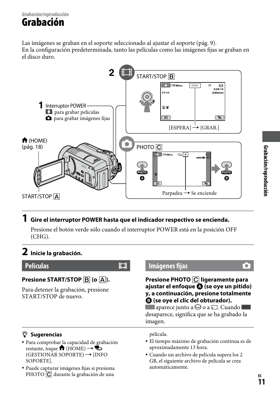 Grabación/reproducción, Grabación, Películas | Imágenes fijas | Sony DCR-SR220D User Manual | Page 43 / 64