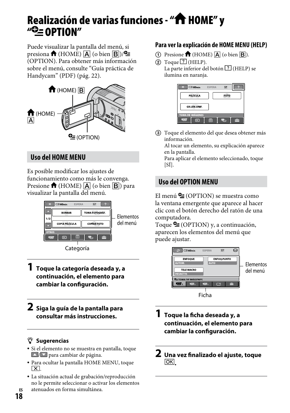 Realización de varias funciones - “home” y “option, Uso del home menu, Uso del option menu | Sony DCR-SR220D User Manual | Page 50 / 64