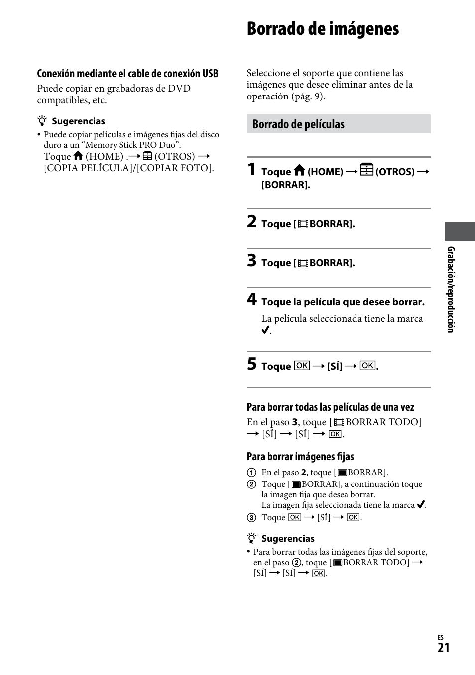 Borrado de imágenes, Borrado de películas | Sony DCR-SR220D User Manual | Page 53 / 64