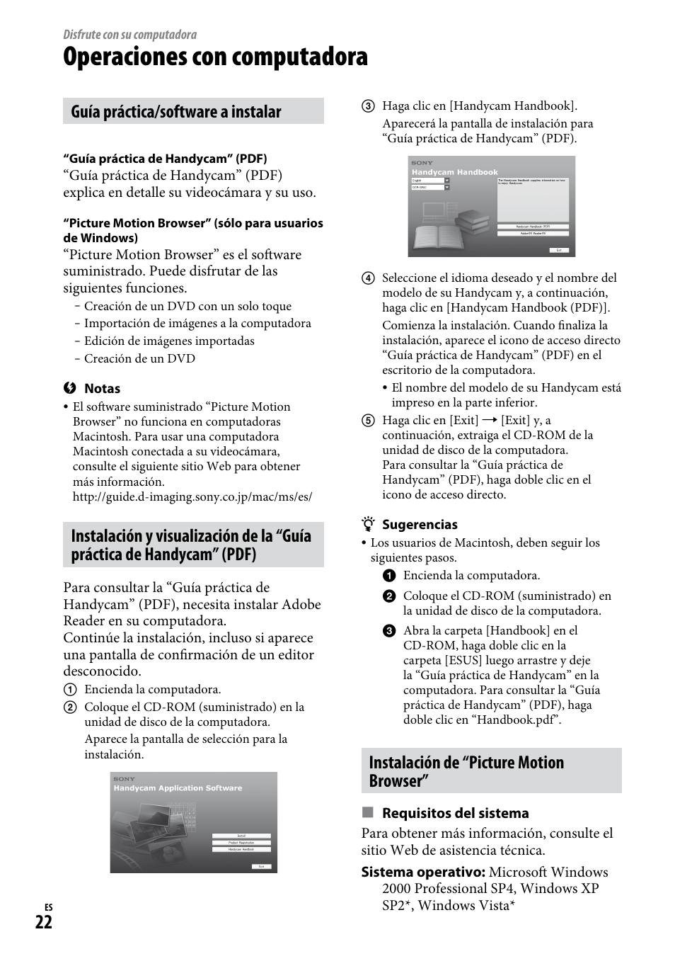 Disfrute con su computadora, Operaciones con computadora, Guía práctica/software a instalar | Instalación de “picture motion browser | Sony DCR-SR220D User Manual | Page 54 / 64