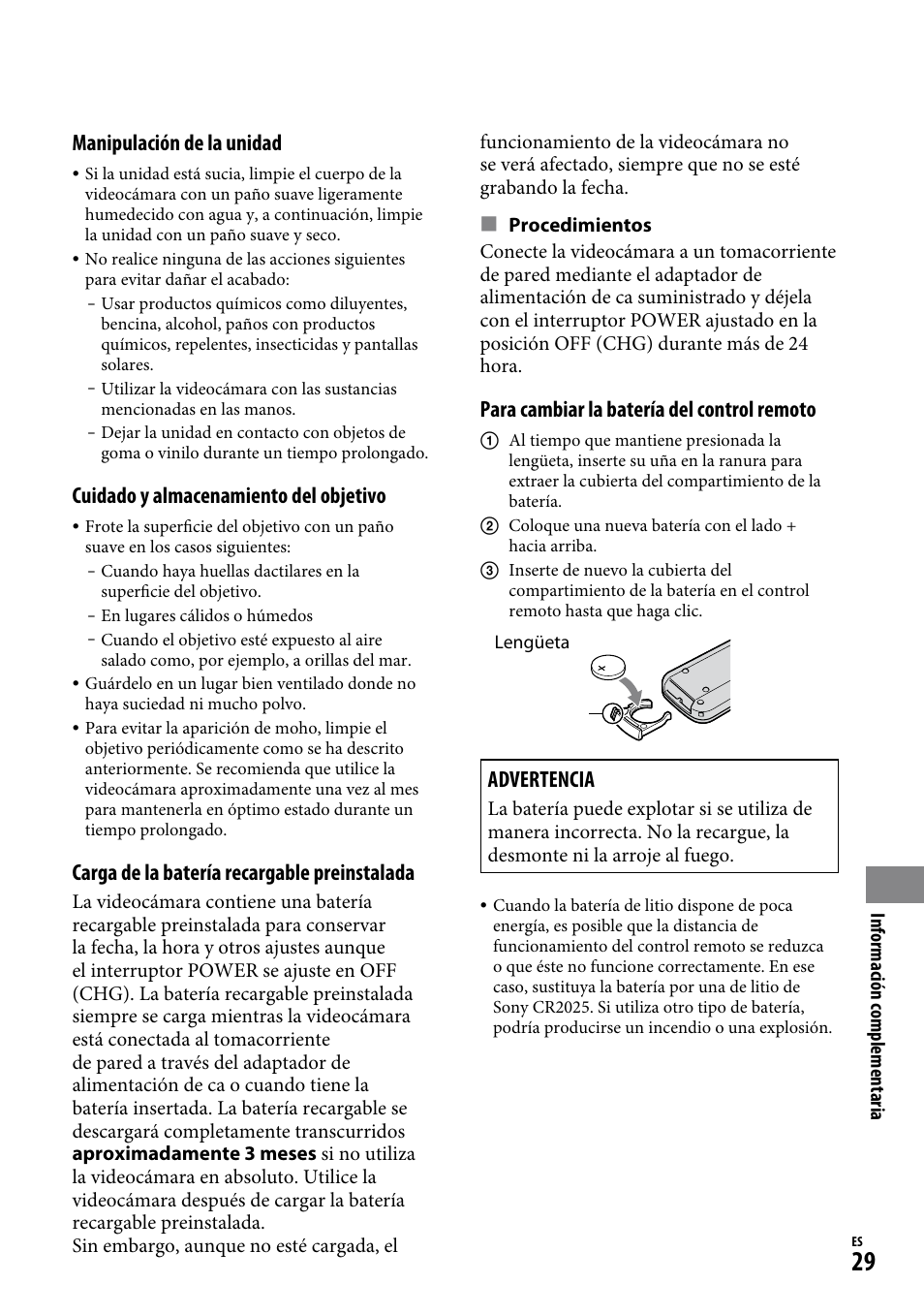 Manipulación de la unidad, Cuidado y almacenamiento del objetivo, Carga de la batería recargable preinstalada | Para cambiar la batería del control remoto, Advertencia | Sony DCR-SR220D User Manual | Page 61 / 64