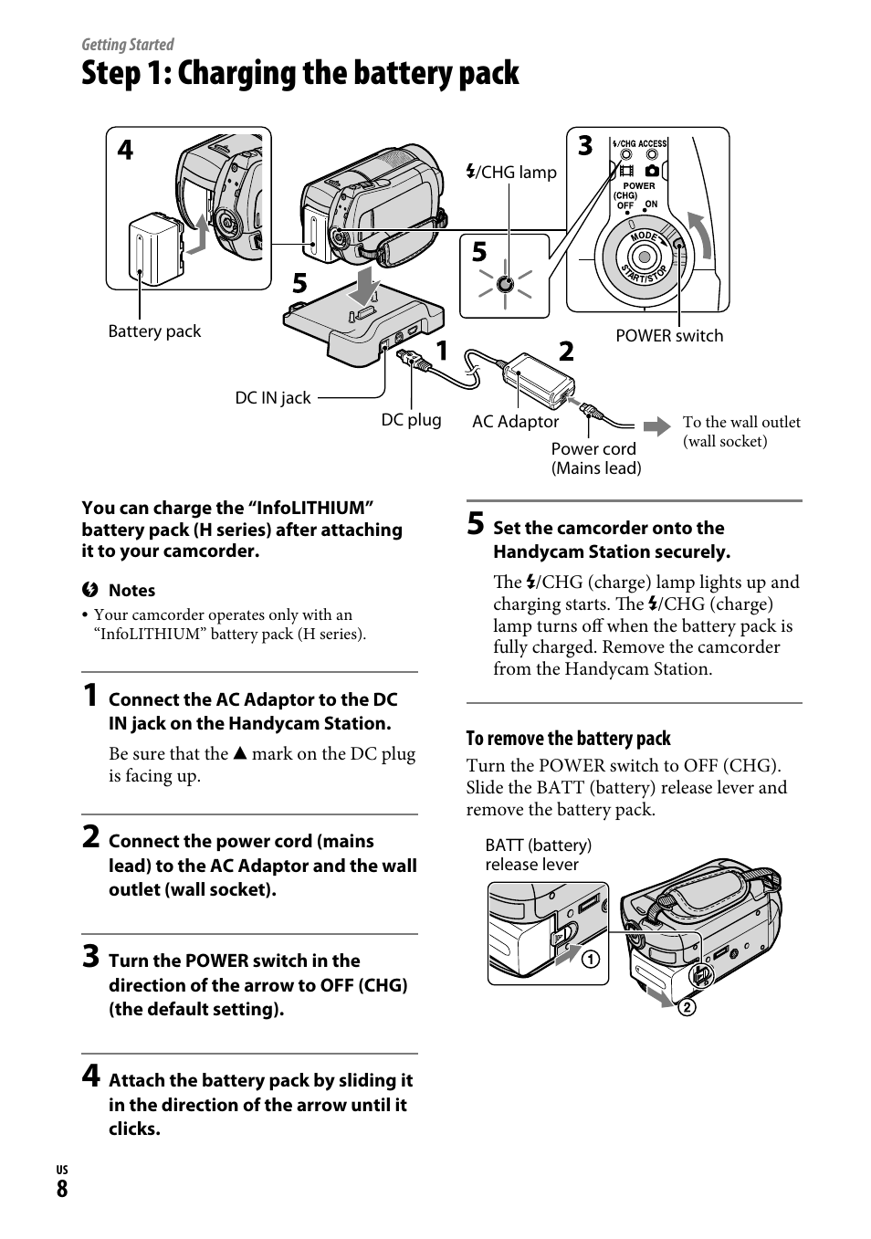 Getting started, Step 1: charging the battery pack | Sony DCR-SR220D User Manual | Page 8 / 64