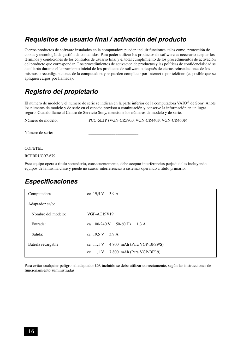 Registro del propietario, Especificaciones | Sony VGN-CR510E User Manual | Page 16 / 28