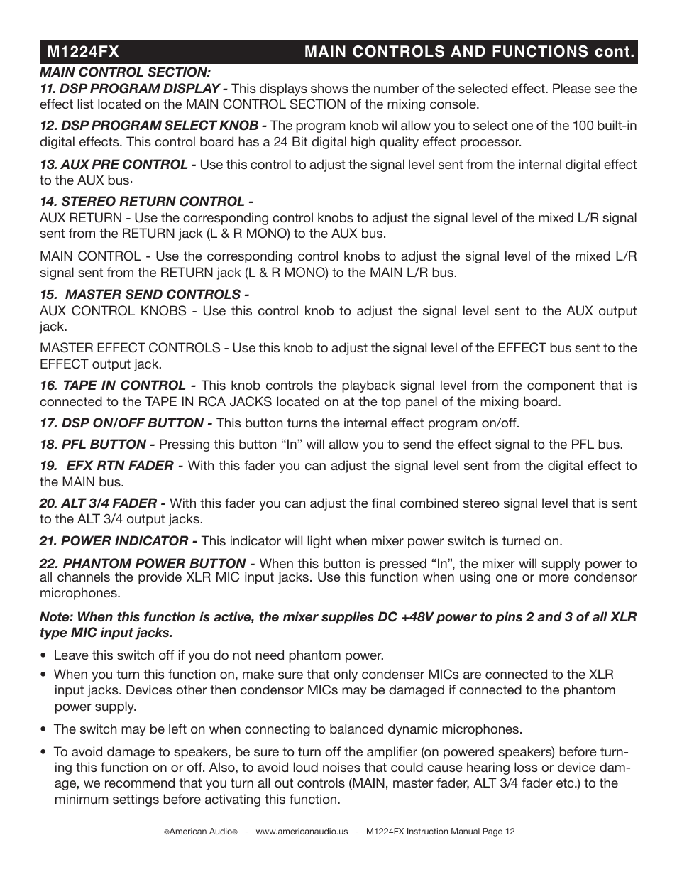 M1224fx main controls and functions cont | American Audio M1224FX User Manual | Page 12 / 26