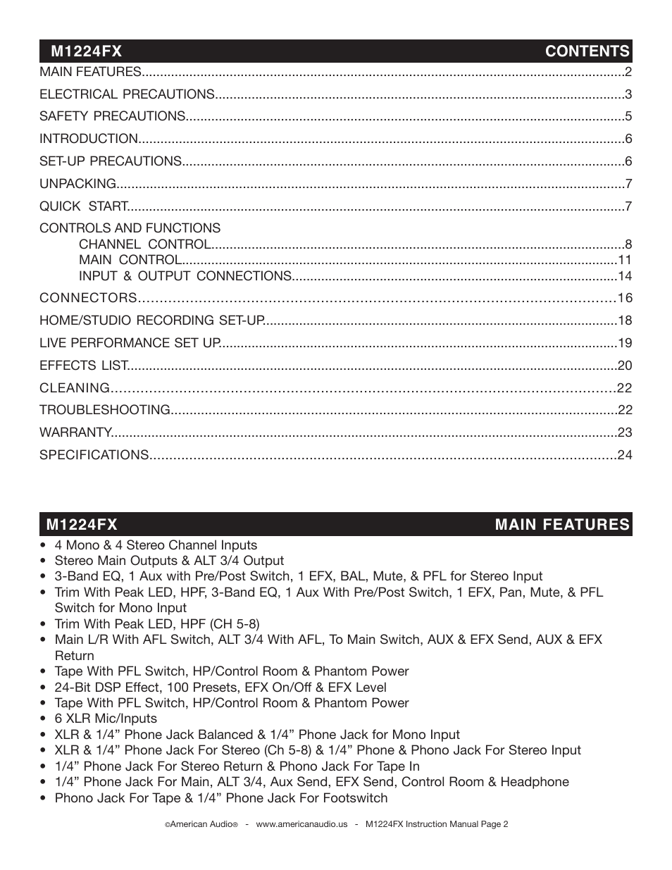 American Audio M1224FX User Manual | Page 2 / 26