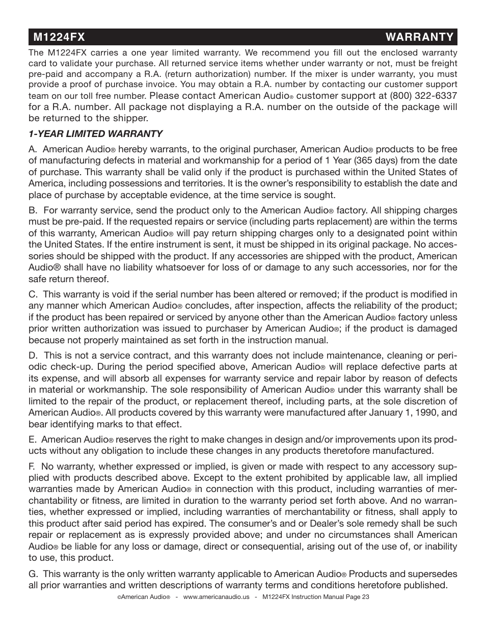 M1224fx warranty | American Audio M1224FX User Manual | Page 23 / 26