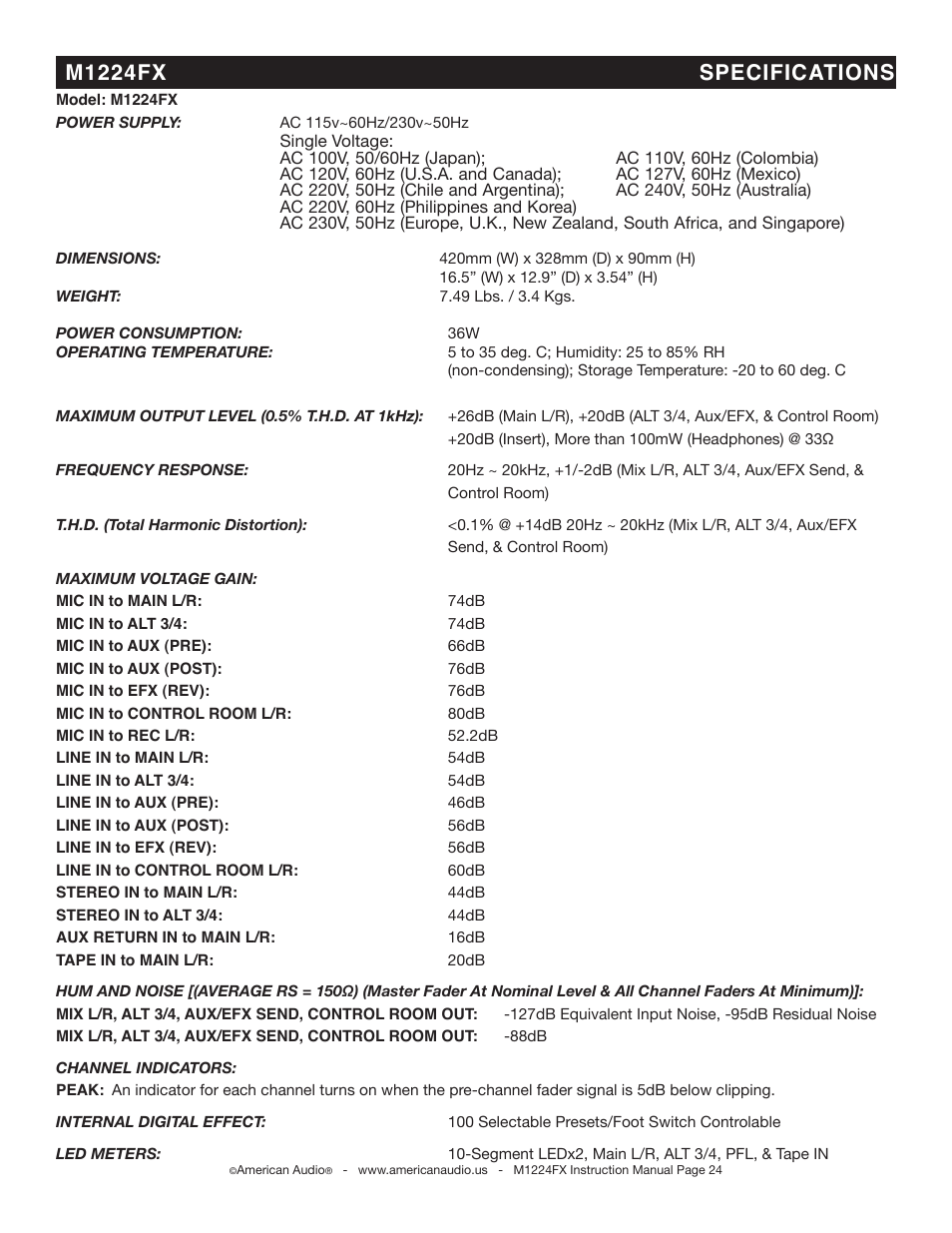 M1224fx specifications | American Audio M1224FX User Manual | Page 24 / 26