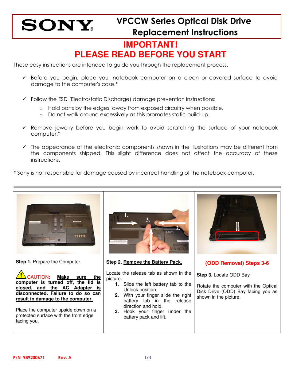 Sony VPCCW Series Optical Disk Drive (Replacement Instructions) User Manual | 3 pages
