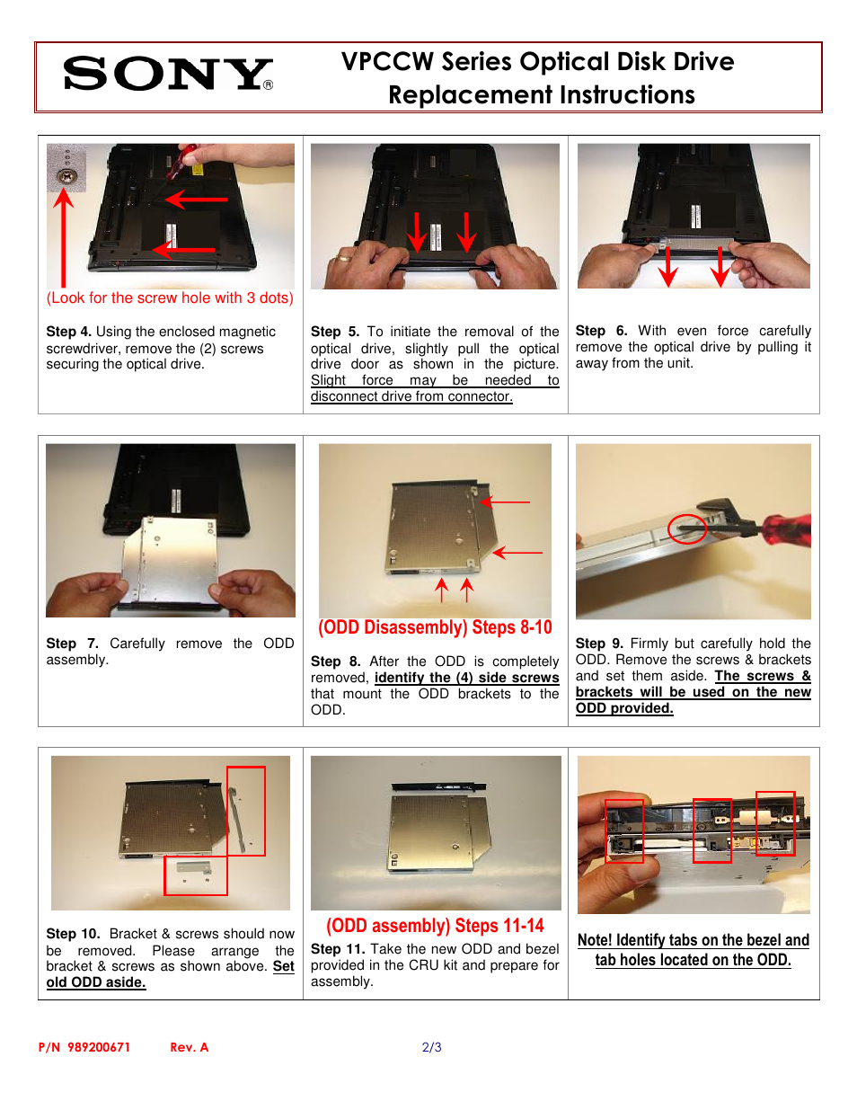 Sony VPCCW Series Optical Disk Drive (Replacement Instructions) User Manual | Page 2 / 3