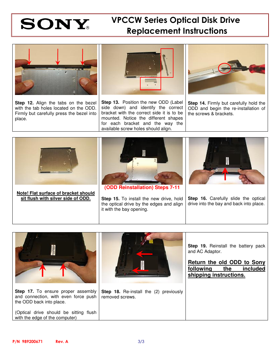 Sony VPCCW Series Optical Disk Drive (Replacement Instructions) User Manual | Page 3 / 3