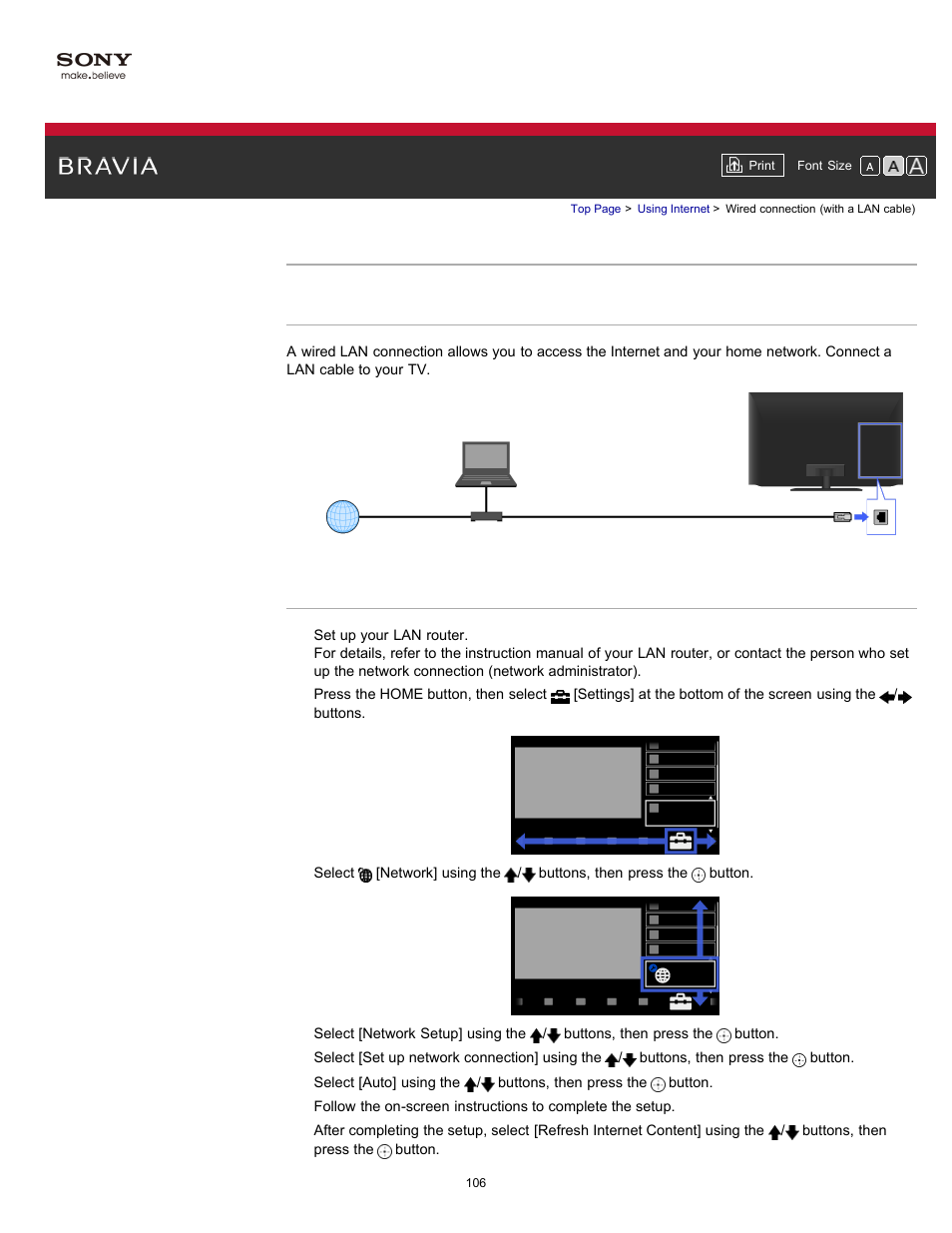 Wired connection (with a lan cable) | Sony KDL-55HX750 User Manual | Page 106 / 192