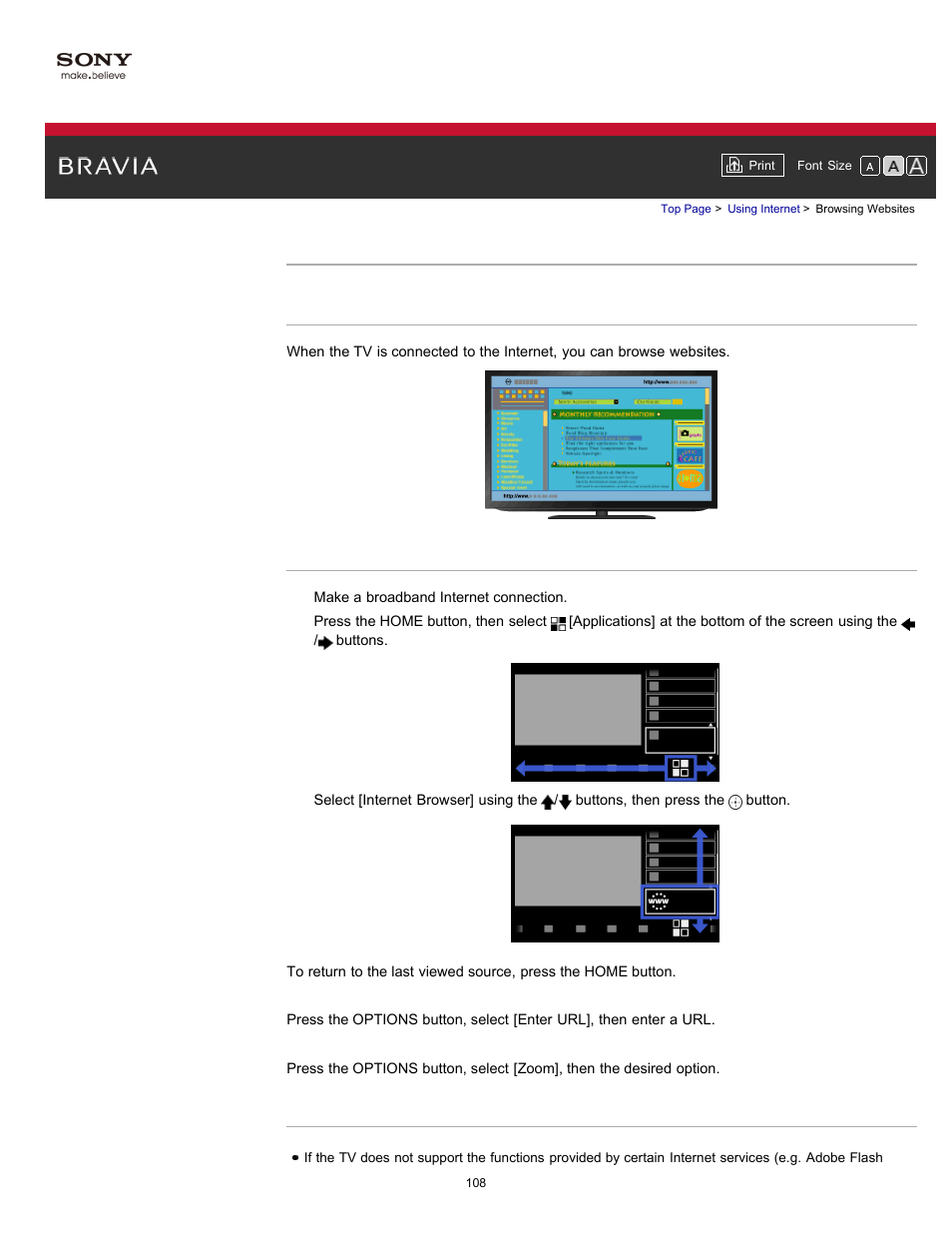 Browsing websites | Sony KDL-55HX750 User Manual | Page 108 / 192