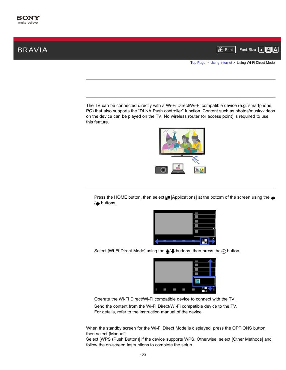 Using wi-fi direct mode | Sony KDL-55HX750 User Manual | Page 123 / 192