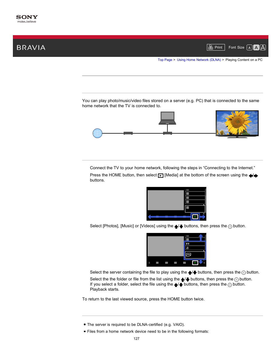 Playing content on a pc | Sony KDL-55HX750 User Manual | Page 127 / 192