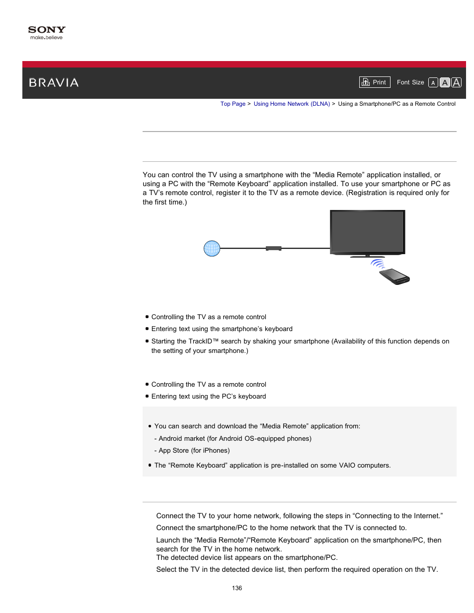 Using a smartphone/pc as a remote control | Sony KDL-55HX750 User Manual | Page 136 / 192