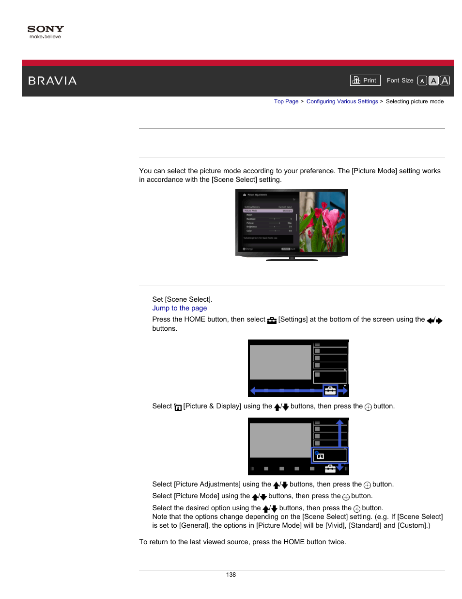 Selecting picture mode | Sony KDL-55HX750 User Manual | Page 138 / 192