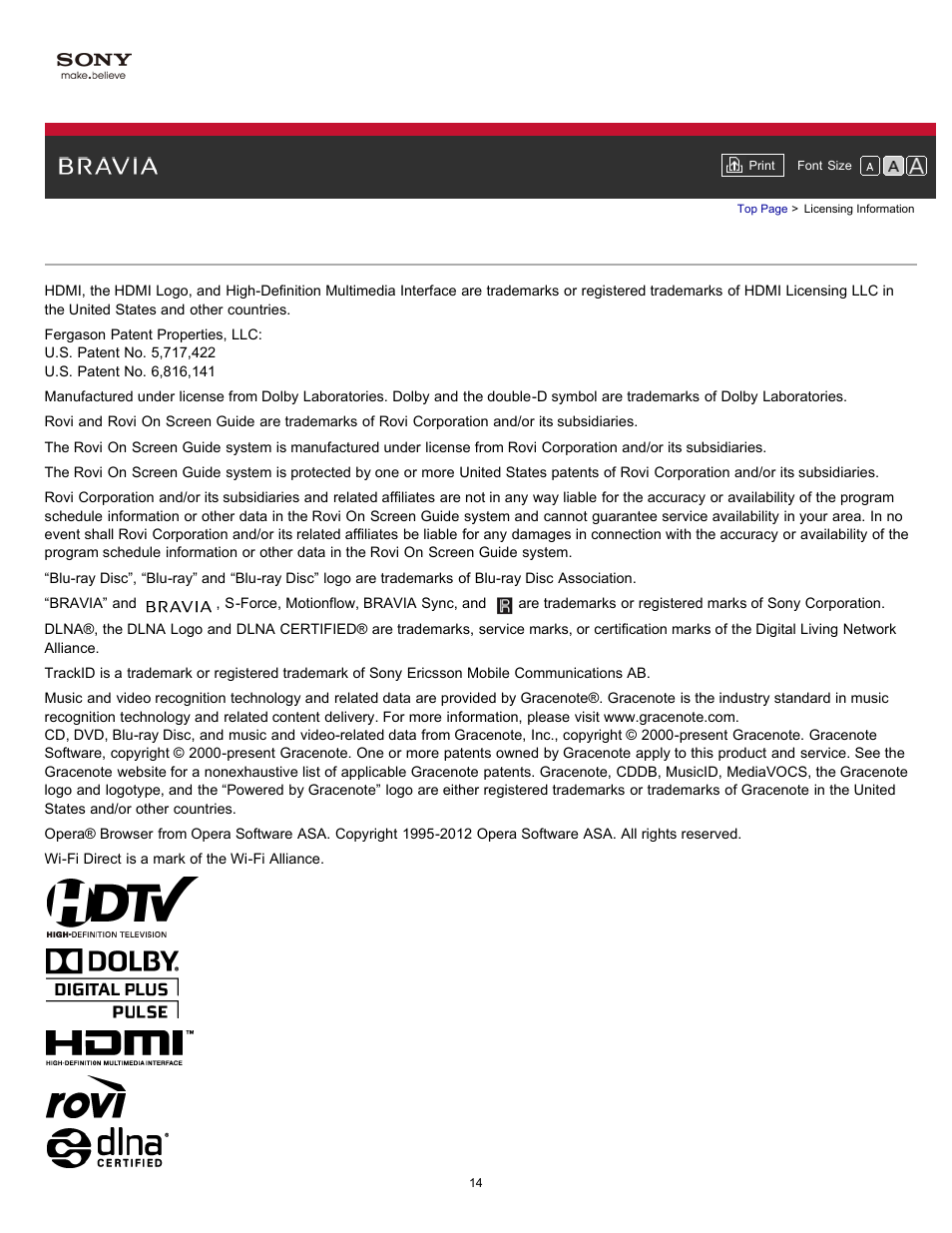 Trademark information | Sony KDL-55HX750 User Manual | Page 14 / 192