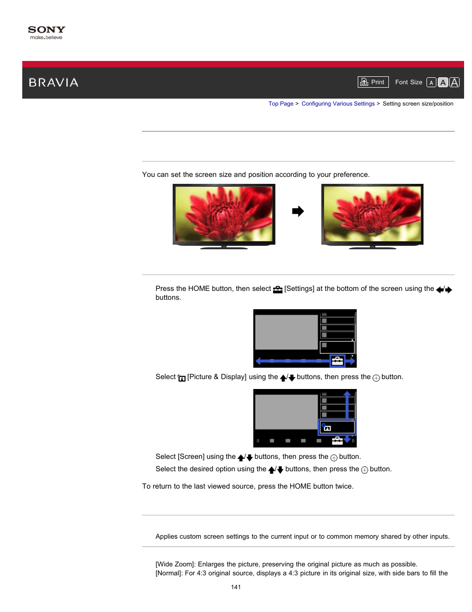 Setting screen size/position | Sony KDL-55HX750 User Manual | Page 141 / 192