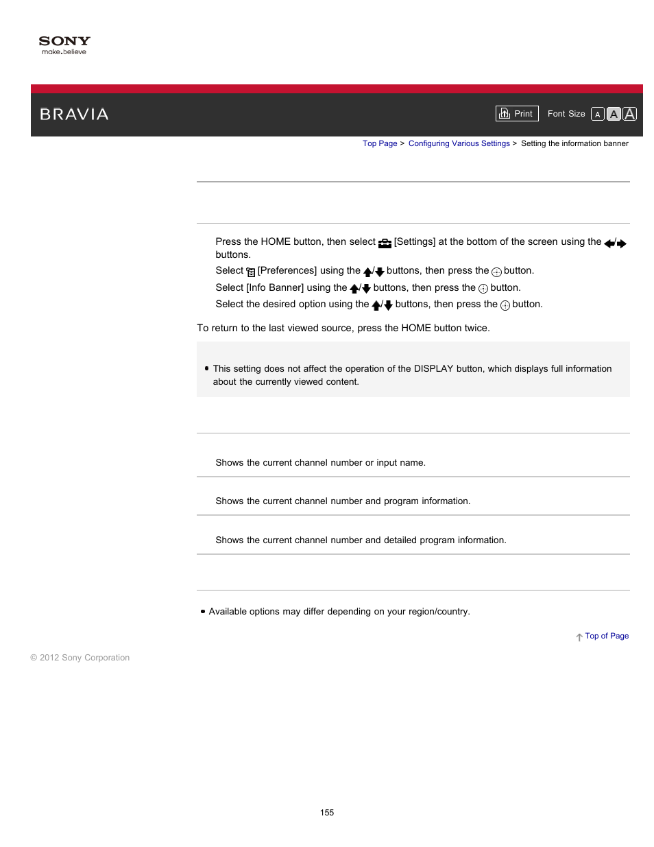 Setting the information banner | Sony KDL-55HX750 User Manual | Page 155 / 192