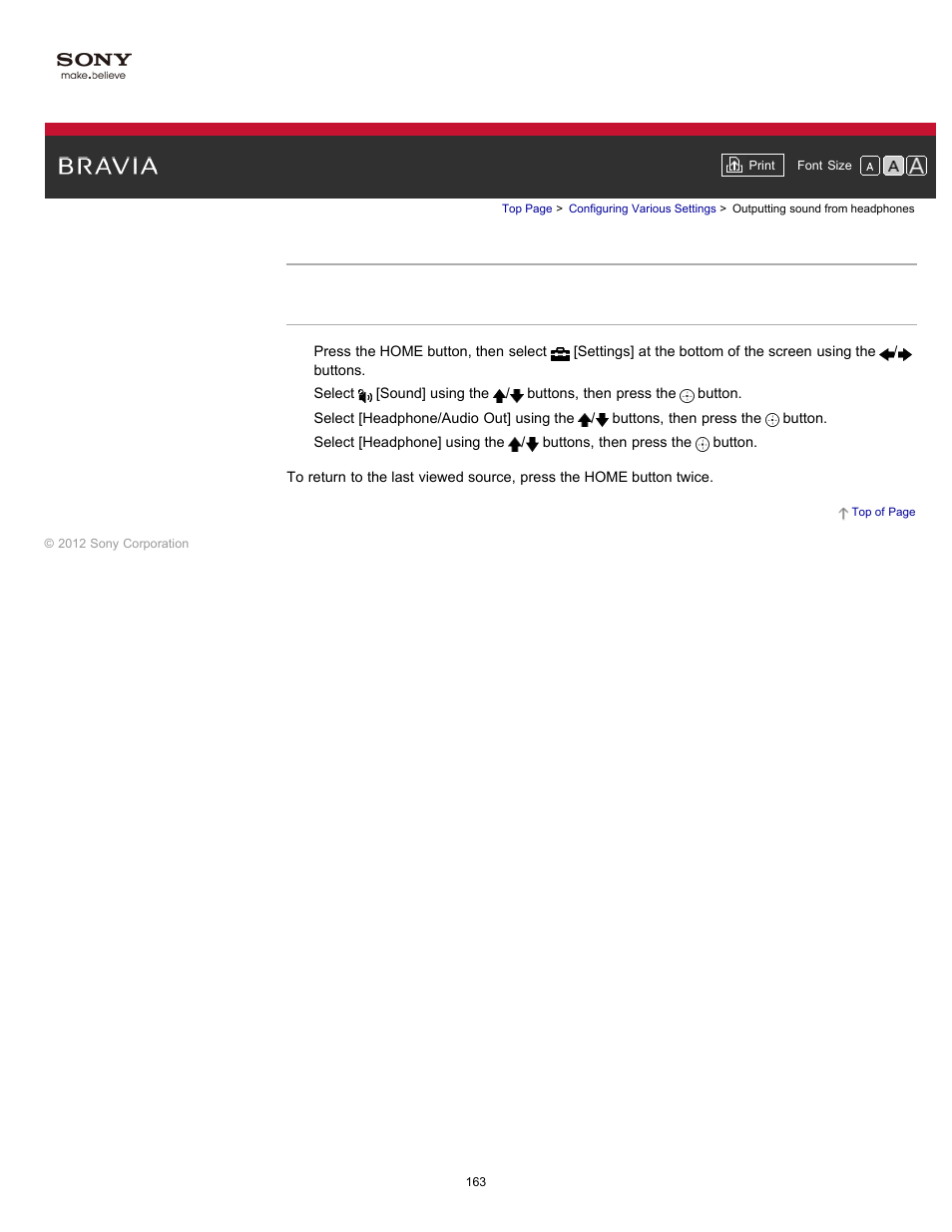 Outputting sound from headphones | Sony KDL-55HX750 User Manual | Page 163 / 192