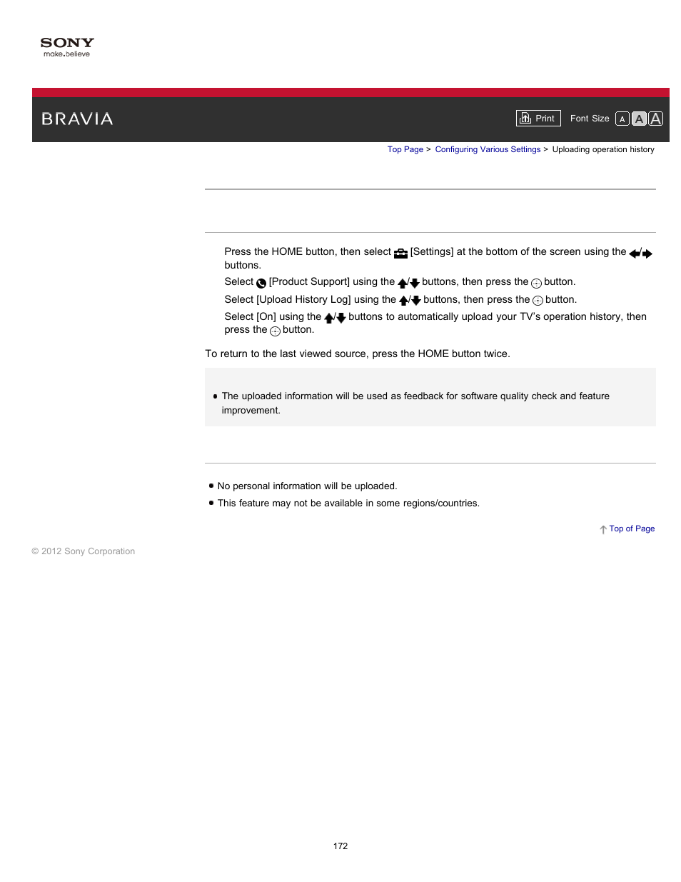 Uploading operation history | Sony KDL-55HX750 User Manual | Page 172 / 192