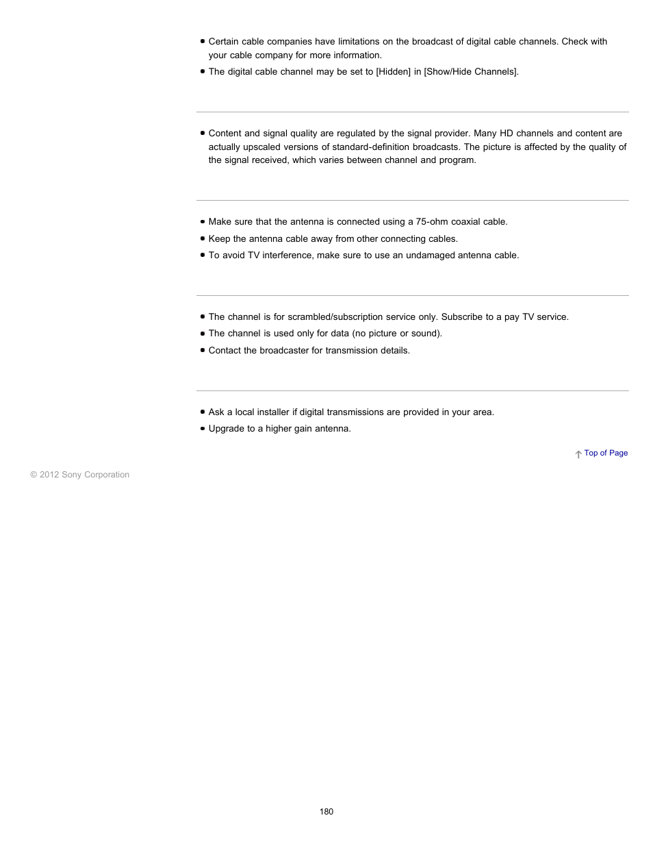 Broadcast hd formats have poor quality, Noisy picture, Some channels are blank | You cannot view digital channels | Sony KDL-55HX750 User Manual | Page 180 / 192