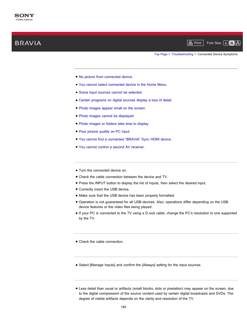 Connected device symptoms | Sony KDL-55HX750 User Manual | Page 185 / 192