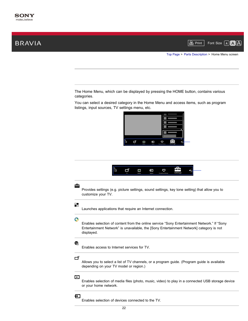 Home menu screen | Sony KDL-55HX750 User Manual | Page 22 / 192