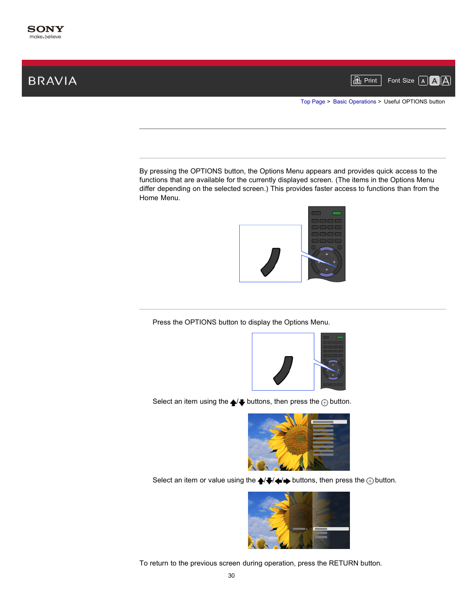 Useful options button | Sony KDL-55HX750 User Manual | Page 30 / 192