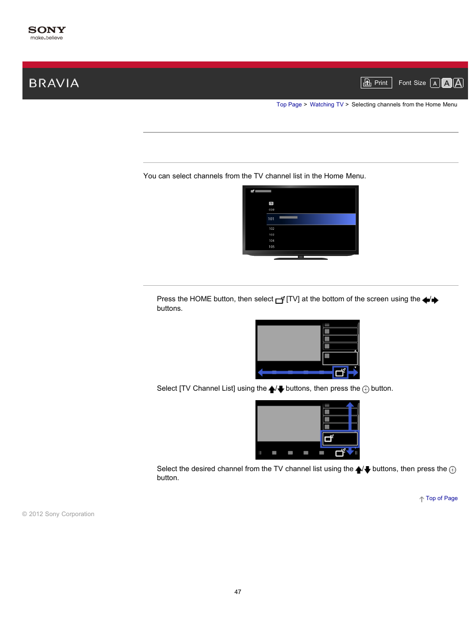 Selecting channels from the home menu | Sony KDL-55HX750 User Manual | Page 47 / 192