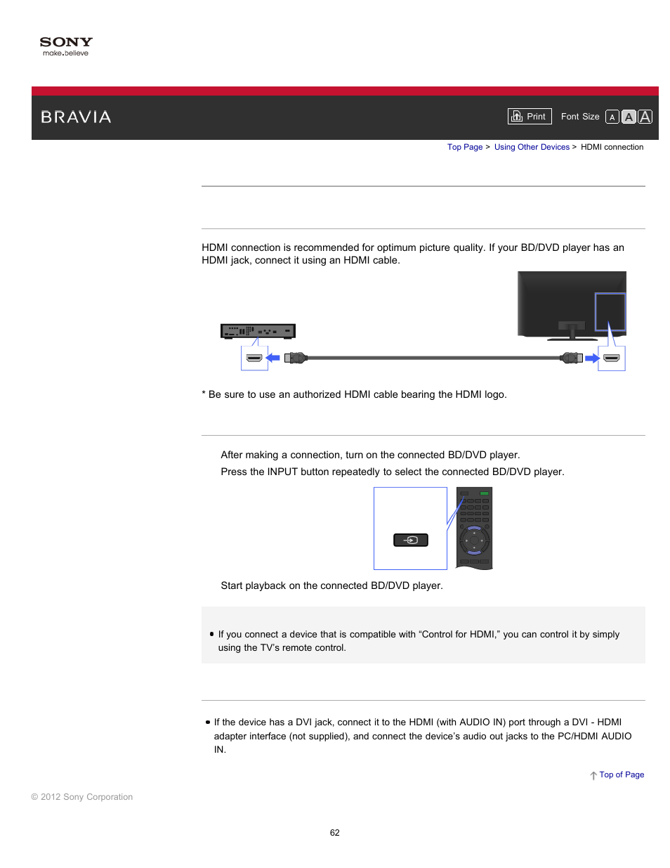 Hdmi connection | Sony KDL-55HX750 User Manual | Page 62 / 192