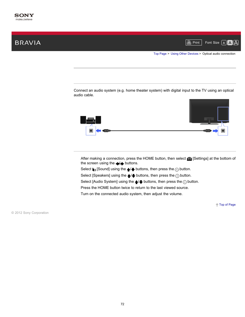 Optical audio connection | Sony KDL-55HX750 User Manual | Page 72 / 192