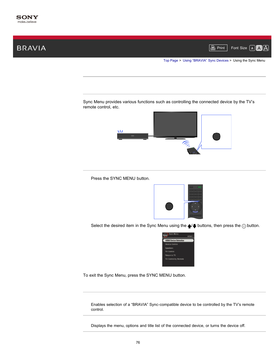 Using the sync menu, Sync menu | Sony KDL-55HX750 User Manual | Page 76 / 192