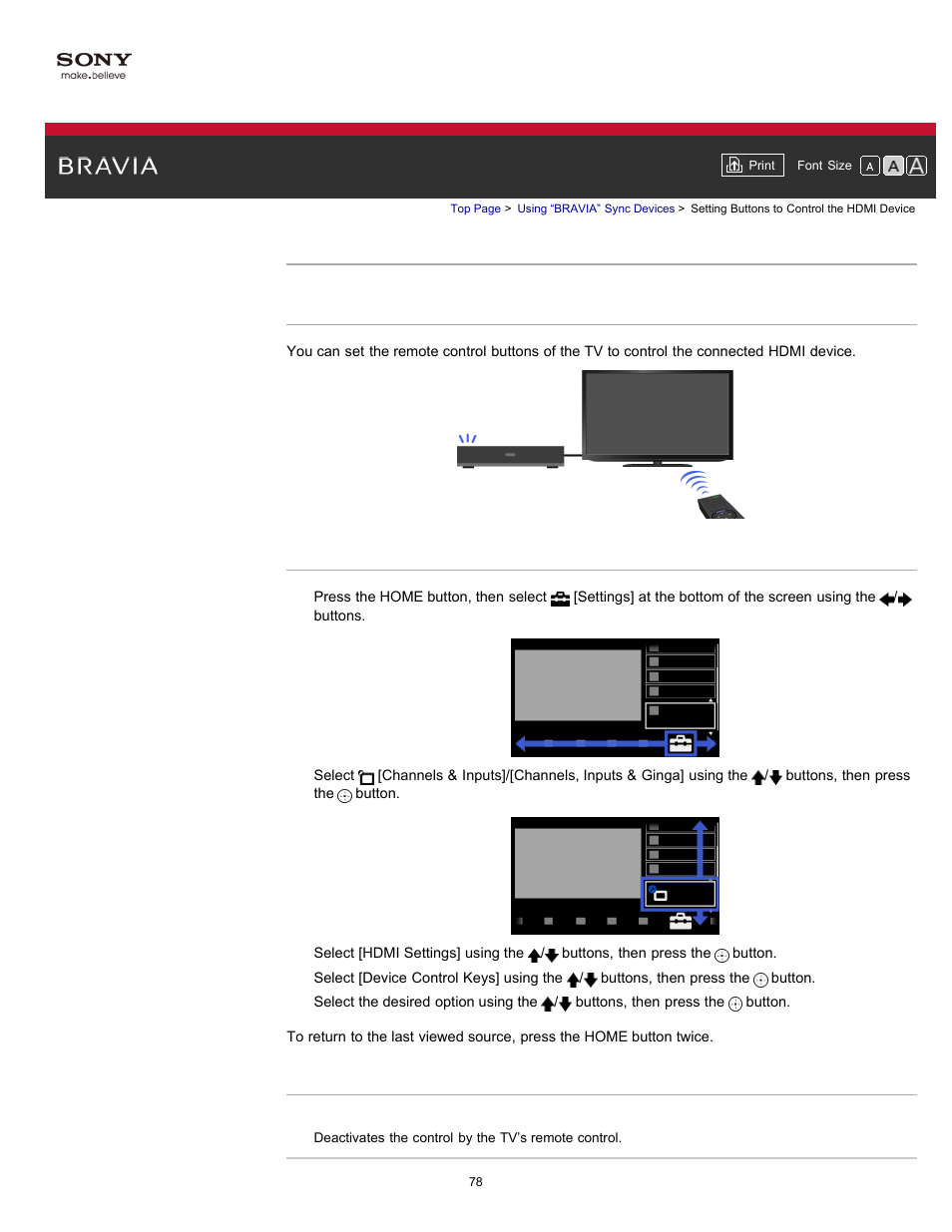 Setting buttons to control the hdmi device | Sony KDL-55HX750 User Manual | Page 78 / 192