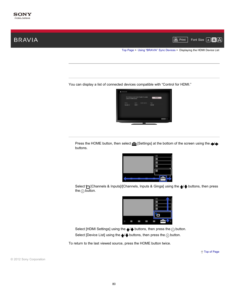 Displaying the hdmi device list | Sony KDL-55HX750 User Manual | Page 80 / 192