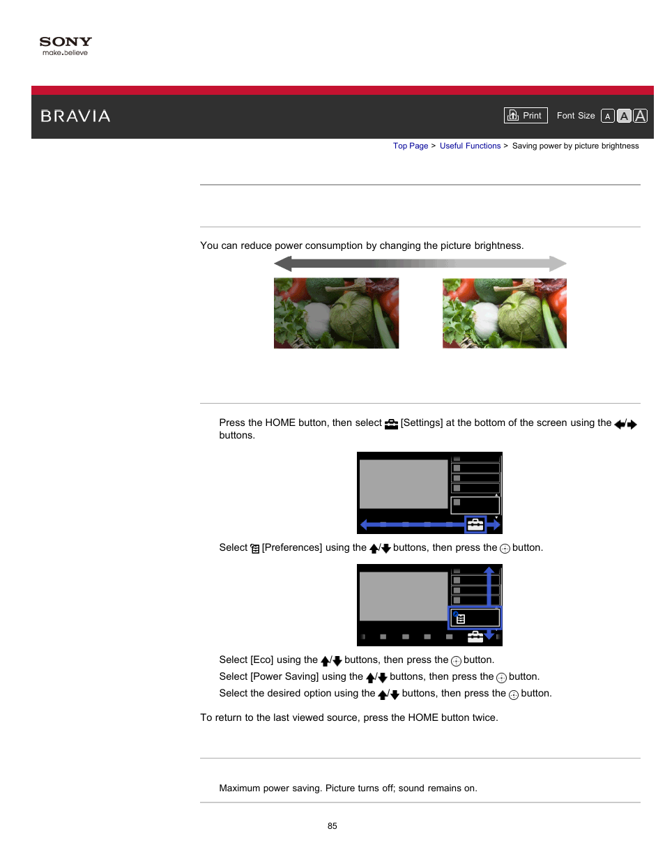 Saving power by picture brightness | Sony KDL-55HX750 User Manual | Page 85 / 192