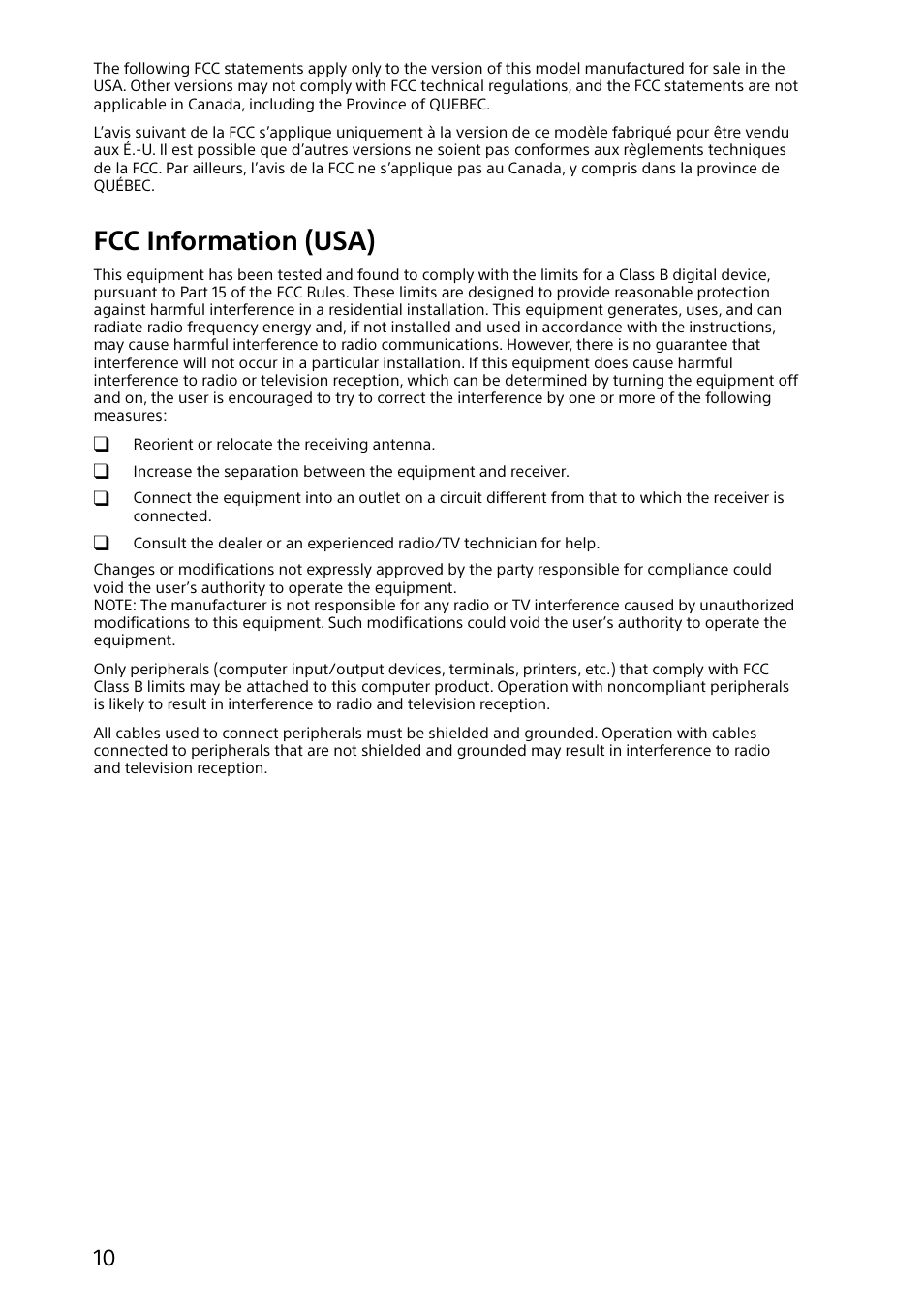 Fcc information (usa) | Sony SVD1322BPXB User Manual | Page 10 / 28