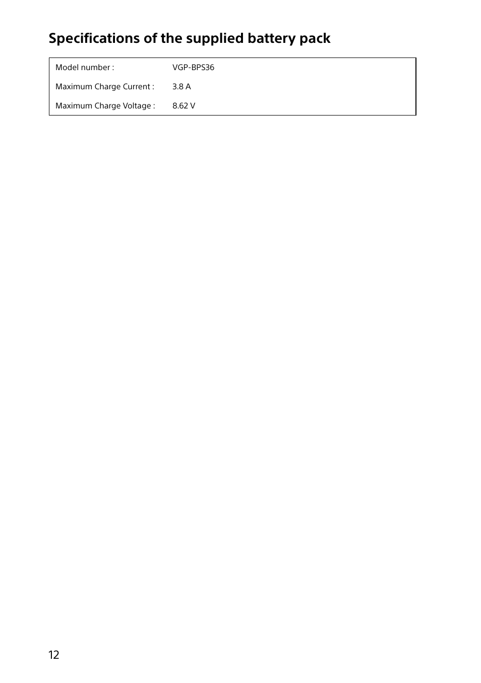 Specifications of the supplied battery pack | Sony SVD1322BPXB User Manual | Page 12 / 28