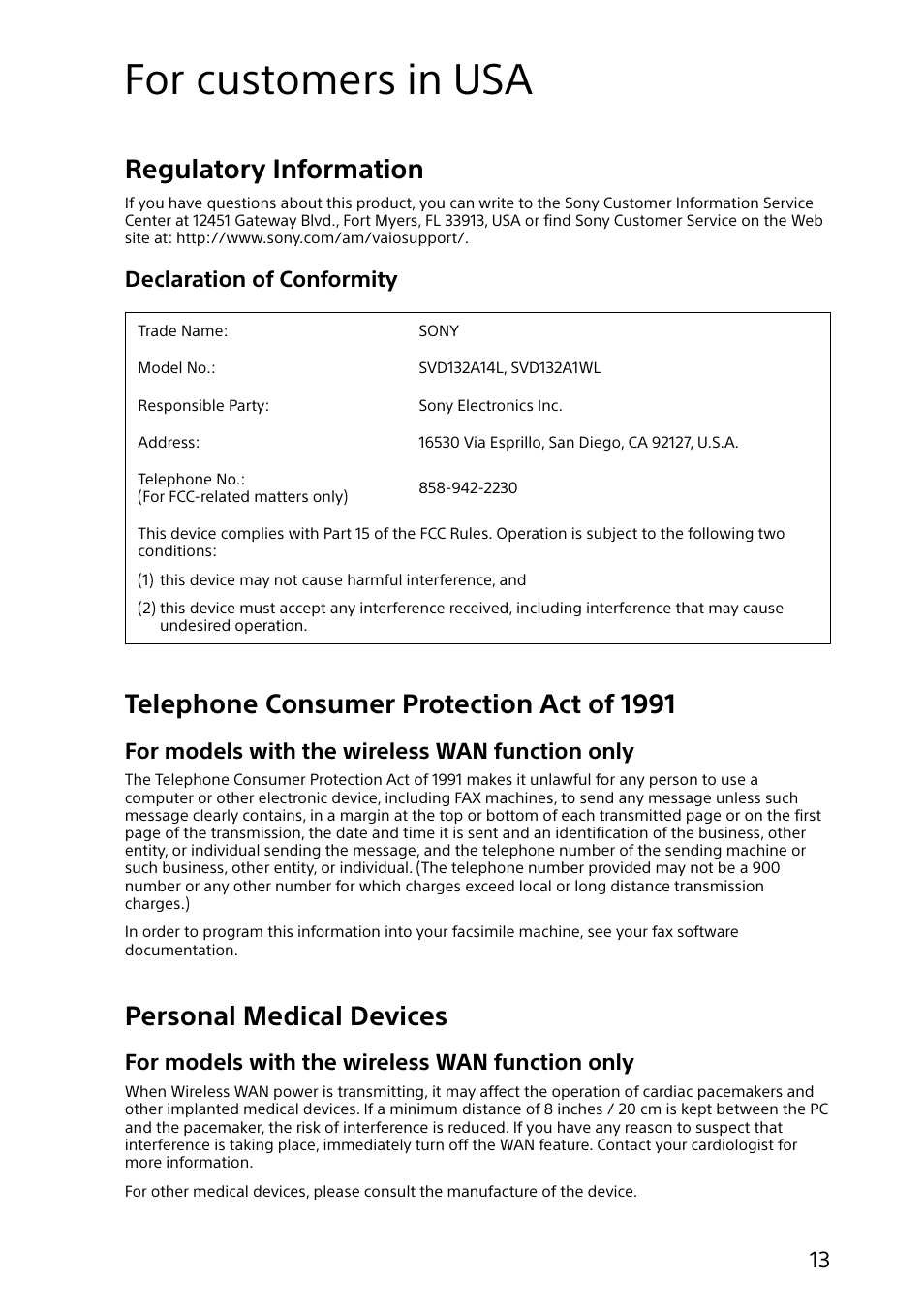 For customers in usa, Regulatory information, Telephone consumer protection act of 1991 | Personal medical devices, Declaration of conformity, For models with the wireless wan function only | Sony SVD1322BPXB User Manual | Page 13 / 28