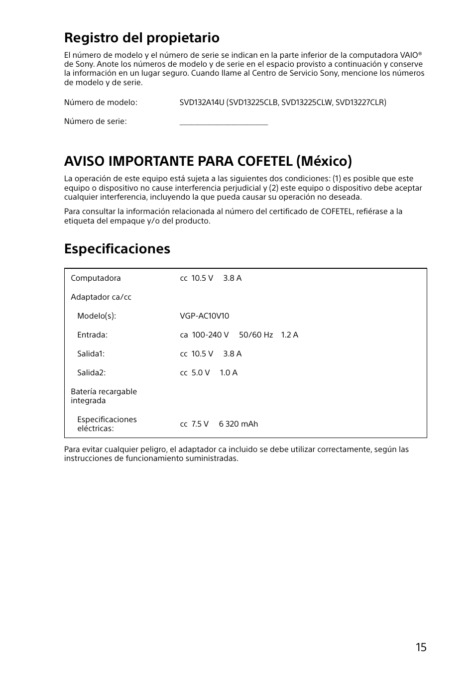 Registro del propietario, Aviso importante para cofetel (méxico), Especificaciones | Sony SVD1322BPXB User Manual | Page 15 / 28