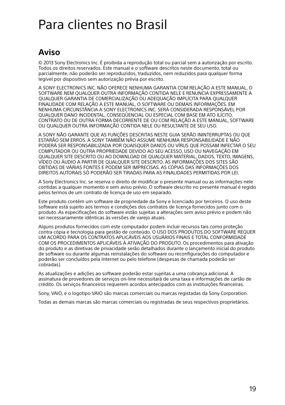 Para clientes no brasil, Aviso | Sony SVD1322BPXB User Manual | Page 19 / 28