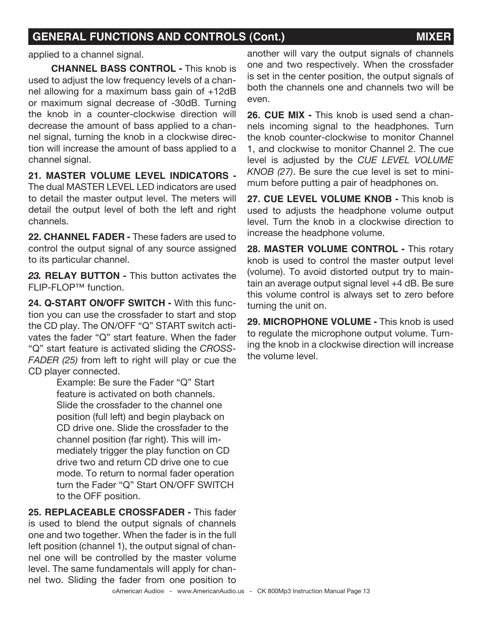 General functions and controls (cont.) mixer | American Audio CK 800Mp3 User Manual | Page 13 / 32