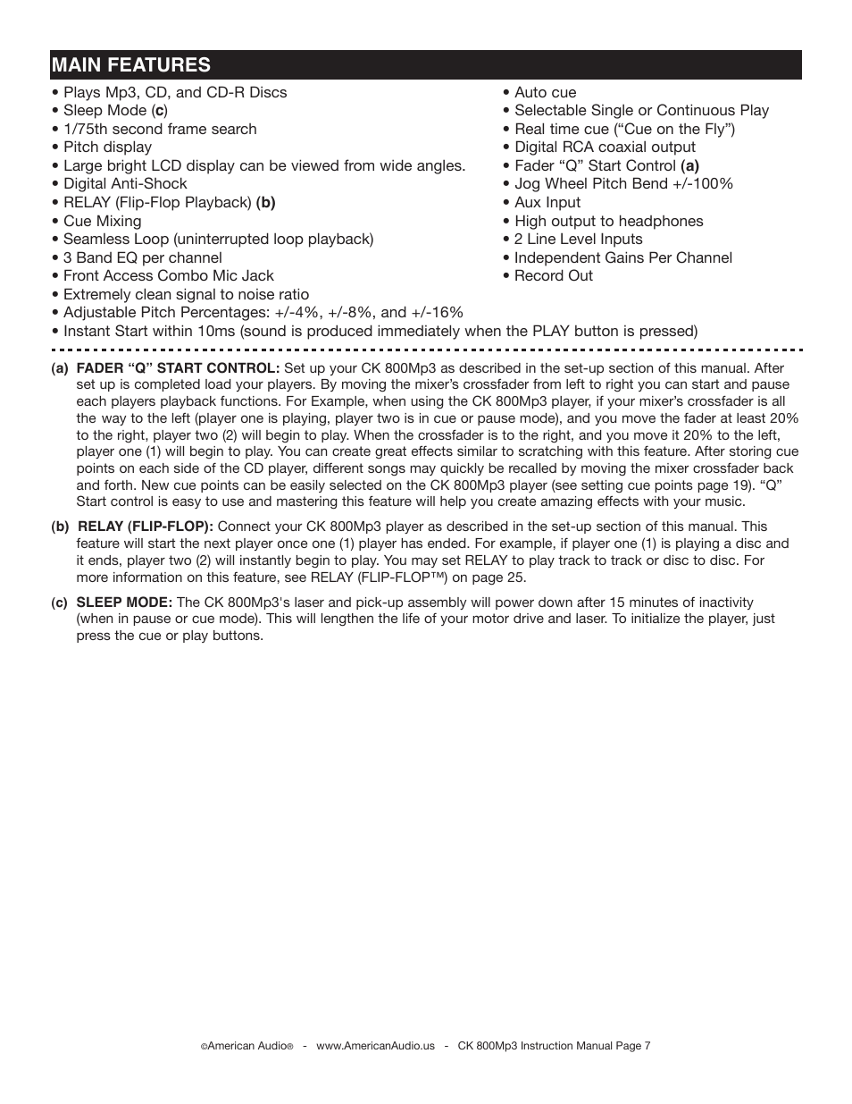 Main features | American Audio CK 800Mp3 User Manual | Page 7 / 32