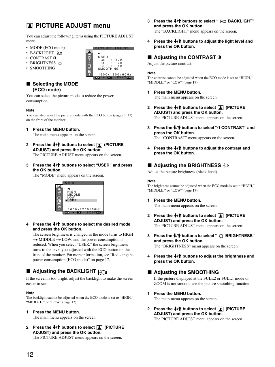 Picture adjust menu, Selecting the mode (eco mode), Adjusting the backlight | Adjusting the contrast, Adjusting the brightness, Adjusting the smoothing, 12 picture adjust menu | Sony SDM-S204 User Manual | Page 12 / 23