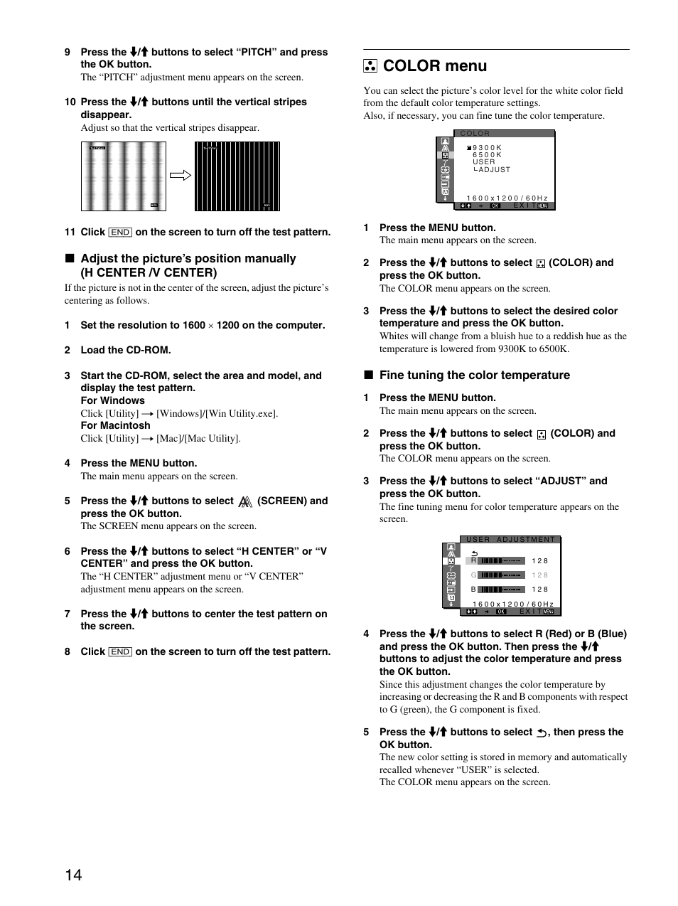 Color menu, Fine tuning the color temperature | Sony SDM-S204 User Manual | Page 14 / 23