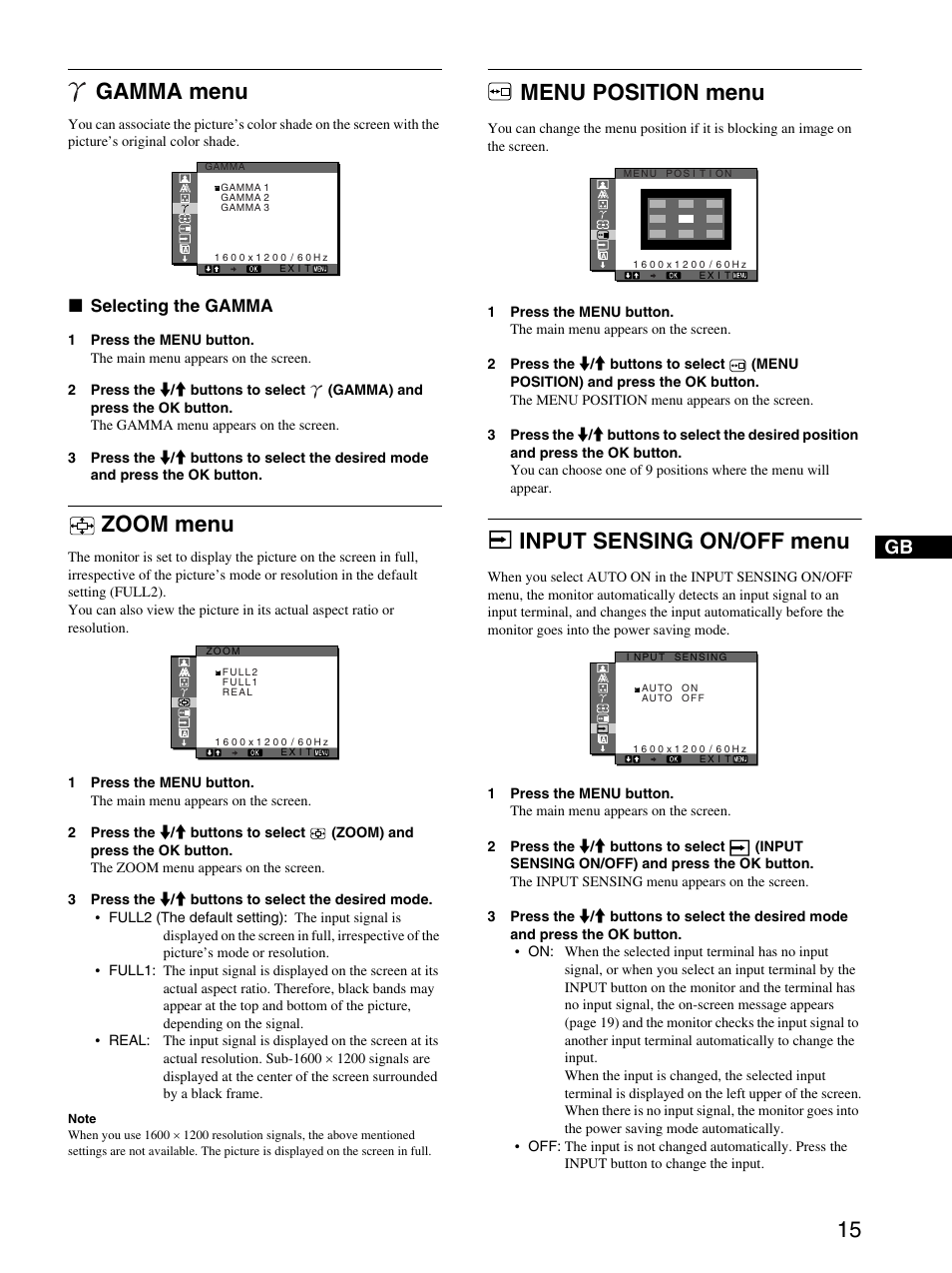 Gamma menu, Selecting the gamma, Zoom menu | Menu position menu, Input sensing on/off menu, Xselecting the gamma | Sony SDM-S204 User Manual | Page 15 / 23